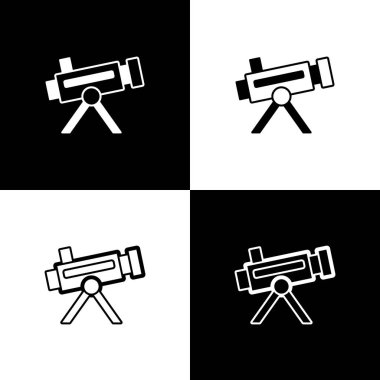 Teleskop simgesini siyah beyaz arkaplanda izole et. Bilimsel bir alet. Eğitim ve astronomi elementi, dürbün ve çalışma yıldızları. Vektör