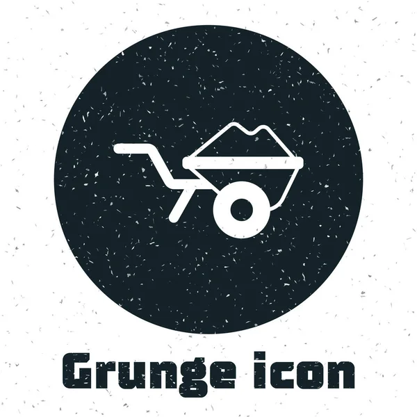 Grunge Wheelbarrow com ícone de sujeira isolado no fundo branco. Equipamento de ferramentas. Carrinho de agricultura fazenda roda. Desenho vintage monocromático. Vetor —  Vetores de Stock