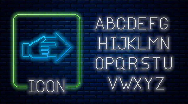 Świecący neon Ręka z palcem wskazującym z ikoną strzałki izolowane na tle cegły ściany. Wizja biznesowa i cel. Koncepcja finansów, charakteru, przywódcy. Neonowy alfabet świetlny. Wektor — Wektor stockowy