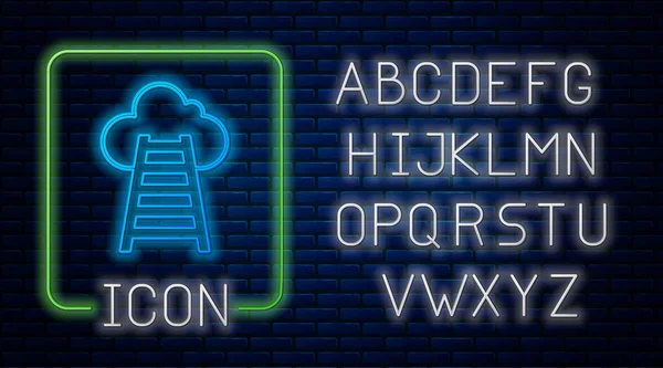 Сяючі неонові сходи з значком фінішного прапора ізольовані на фоні цегляної стіни. Концепція кар'єрного росту бізнесу. Концепція розвитку бізнесу. Неоновий легкий алфавіт. Векторні — стоковий вектор