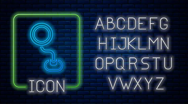 Insegna stradale al neon. Icona del cartello isolato su sfondo muro di mattoni. Simbolo puntatore. Segnale stradale isolato. Segnale di direzione. Alfabeto della luce al neon. Vettore — Vettoriale Stock
