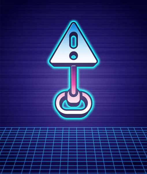 Retro style Exclamation mark in triangle icon isolated futuristic landscape background. Hazard warning sign, careful, attention, danger warning important sign. 80s fashion party. Vector — Stock Vector