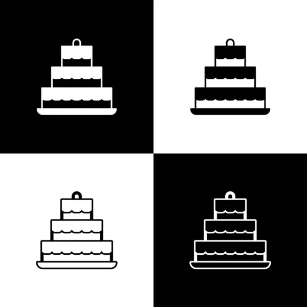Set Kuchen mit brennenden Kerzen Symbol isoliert auf schwarz-weißem Hintergrund. Alles Gute zum Geburtstag. Vektor — Stockvektor