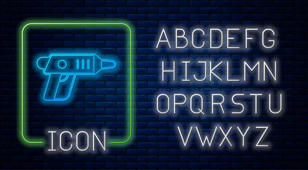 Icono del destornillador inalámbrico eléctrico de neón brillante aislado en el fondo de la pared de ladrillo. Taladradora eléctrica. Herramienta de reparación. Alfabeto de luz de neón. Vector — Archivo Imágenes Vectoriales