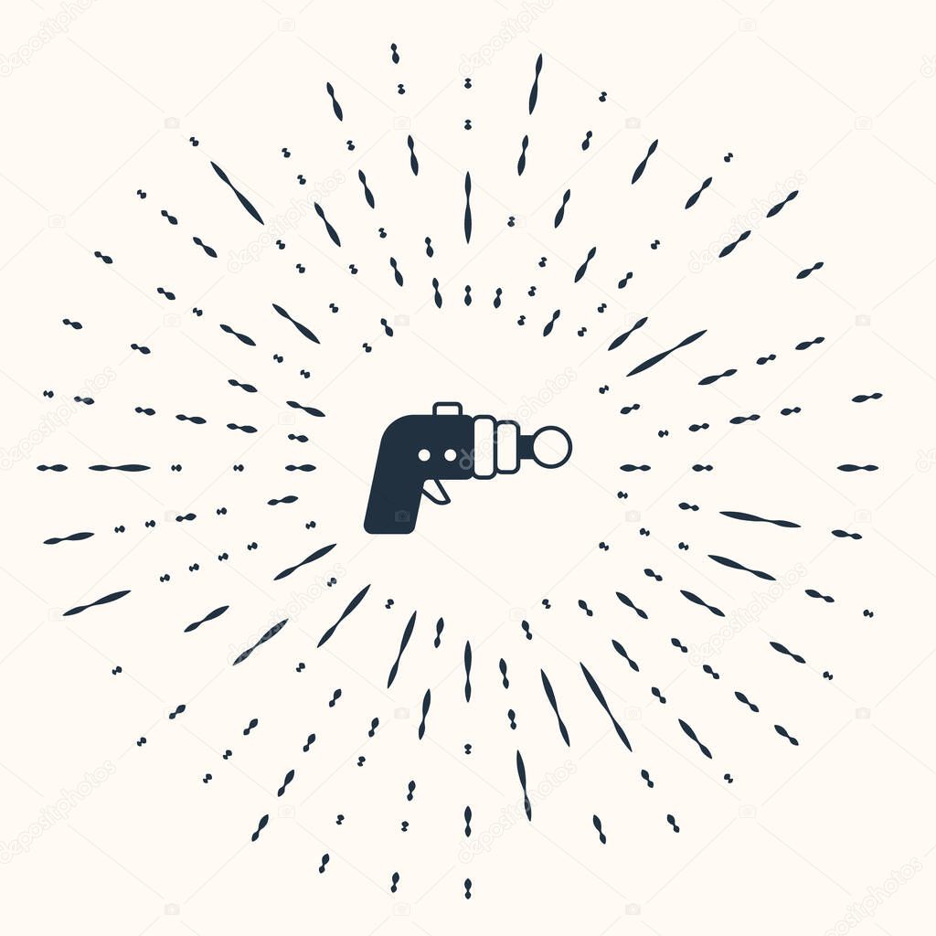 Grey Ray gun icon isolated on beige background. Laser weapon. Space blaster. Abstract circle random dots. Vector