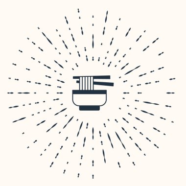 Bej arka planda izole edilmiş erişte ikonlu gri Ramen çorba kasesi. Bir kase geleneksel Asya erişte çorbası. Soyut çember rastgele noktalar. Vektör