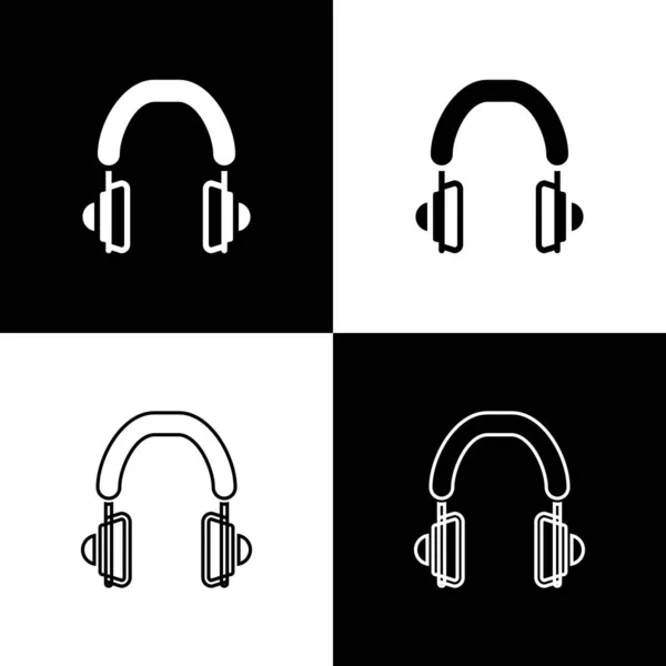 Koptelefoon pictogram geïsoleerd op zwart-wit achtergrond. Oortelefoons. Concept voor het luisteren naar muziek, service, communicatie en operator. Vector — Stockvector