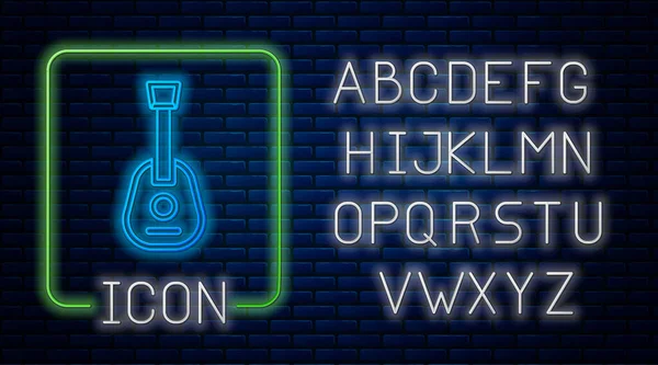 Lumineux néon icône Guitare isolé sur fond de mur de briques. Guitare acoustique. Instrument de musique à cordes. Alphabet néon. Vecteur — Image vectorielle