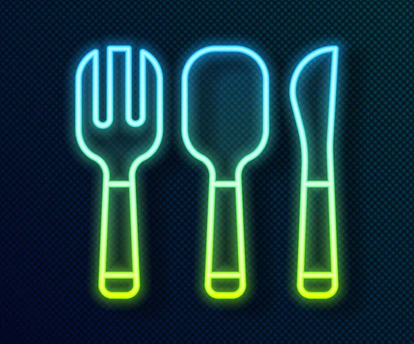 Glowing neon line Fork, spoon and knife icon isolated on black background. Cooking utensil. Cutlery sign. Vector — Stock Vector