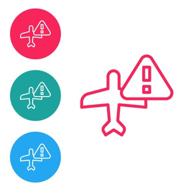 Kırmızı çizgi uyarı hava aracı simgesi beyaz arkaplanda izole edildi. Bozuk uçak. Yasak bölgede uçmak. Uçak taşımak ve seyahat etmek yasaktır. Simgeleri daire düğmelerine ayır. Vektör