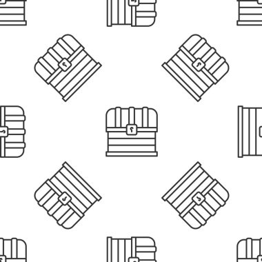 Gri çizgi antika hazine sandığı simgesi beyaz arka planda pürüzsüz desen izole etti. Altın sikkeli klasik tahta sandık. Vektör