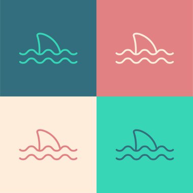 Pop Art Line Shark yüzgeci okyanus dalgası ikonunda renk arkaplanında izole. Vektör
