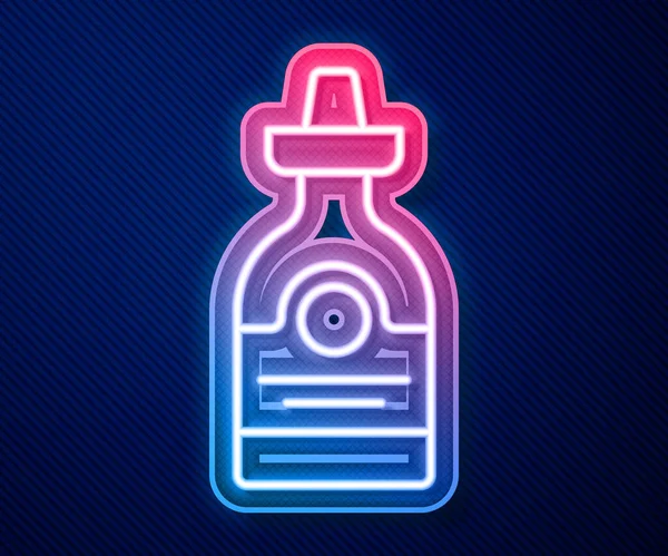 Linea fluorescente icona bottiglia di tequila isolato su sfondo blu. Alcol messicano. Vettore — Vettoriale Stock