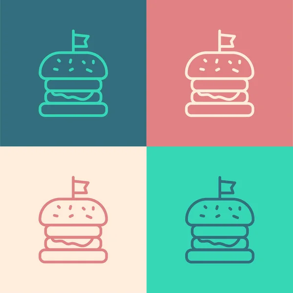 Pop art line Burger icon isolated on color background. Hamburger icon. Cheeseburger sandwich sign. Fast food menu. Vector — Stock Vector