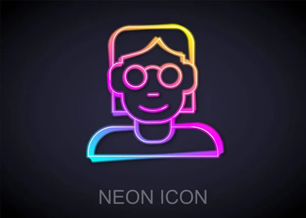 Glowing neon line Hacker or coder icon isolated on black background. Programmer developer working on code, coding, testing, debugging, analysing. Vector — Stock Vector