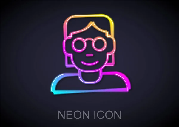 Gloeiende neon lijn Hacker of coder pictogram geïsoleerd op zwarte achtergrond. Programmeur ontwikkelaar werkt aan code, codering, testen, debuggen, analyseren. Vector — Stockvector