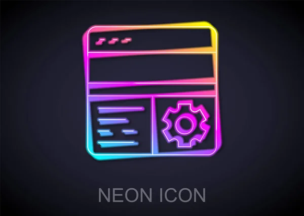 Linea neon incandescente Icona di debug isolata su sfondo nero. Strumento di debug. Lente d'ingrandimento sulla programmazione degli insetti. Software di test e impostazione. Vettore — Vettoriale Stock