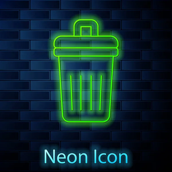 Ragyogó neon vonal Szemetes ikon elszigetelt téglafal háttér. Szemetes kuka tábla. Újrahasznosító kosár ikon. Irodai szemét ikon. Vektor — Stock Vector