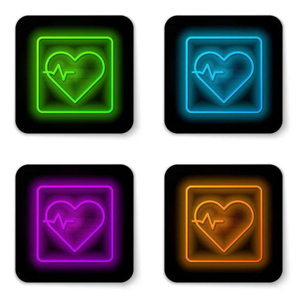 Glowing neon line Heart rate icon isolated on white background. Heartbeat sign. Heart pulse icon. Cardiogram icon. Black square button. Vector — Stock Vector