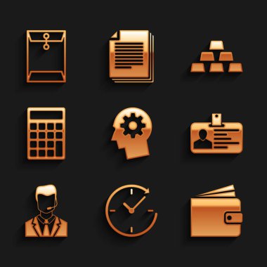 Set Human head with gear inside, Clock arrow, Wallet, Identification badge, Man headset and Calculator icon. Vector