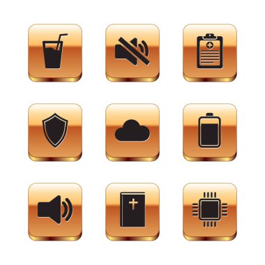 Set Glass with water, Speaker volume, Holy bible book, Cloud, Shield and Clinical record icon. Vector