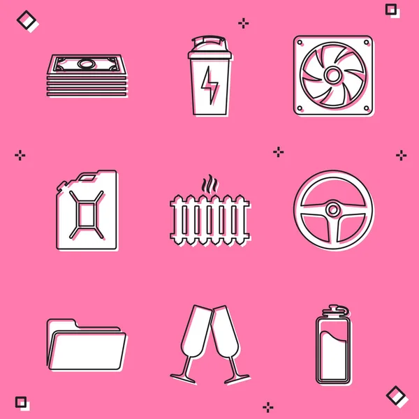 Set Stacks paper money cash, Fitness shaker, Computer cooler, Canister for gasoline, Heating radiator and Steering wheel icon. Vector — Image vectorielle