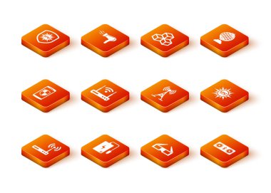 Set Router and wi-fi, Power bank, Smartphone with shield, , 3D cinema glasses and Antenna icon. Vector