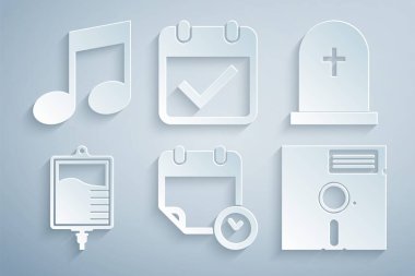 Set Calendar and clock, Tombstone with cross, IV bag, Floppy disk in the 5.25-inch, check mark and Music note, icon. Vector