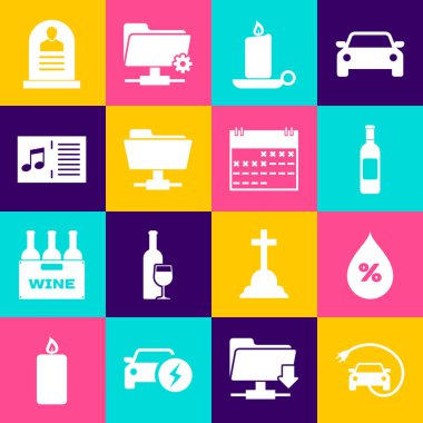 Set Electric car, Water drop percentage, Bottle of wine, Burning candle candlestick, FTP folder and Music book with note icon. Vector