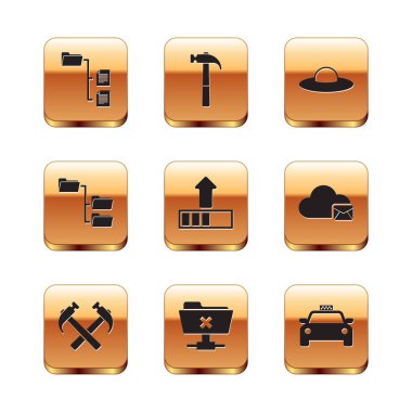 Set Folder tree, Two crossed hammers, FTP cancel operation, Loading, and UFO flying spaceship icon. Vector