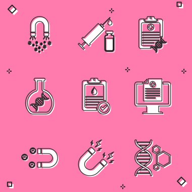 Set Magnet with money, Medical syringe and vial, Clipboard DNA analysis, research, search, blood test and Clinical record monitor icon. Vector