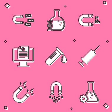 Set Magnet with money, DNA research, search, Customer attracting, Clinical record monitor, Test tube drop of blood and Syringe icon. Vector