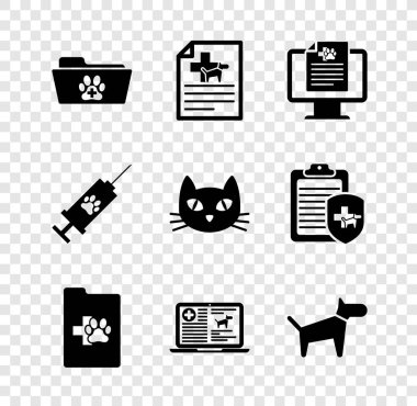 Set Medical veterinary record folder, certificate for dog cat, Clinical pet on monitor, , laptop and Dog icon. Vector