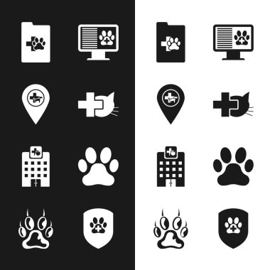 Set Veterinary clinic, Location veterinary, Clinical record pet, monitor, medicine hospital and Paw print icon. Vector