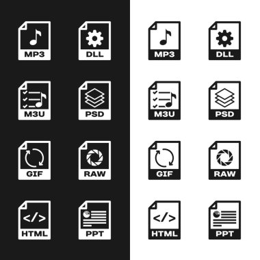 Set PSD file document, M3U, MP3, DLL, GIF and RAW icon. Vector