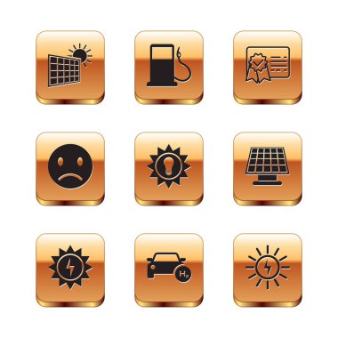 Set Solar energy panel and sun, Hydrogen car, Sad smile, Certificate template, and Petrol or Gas station icon. Vector