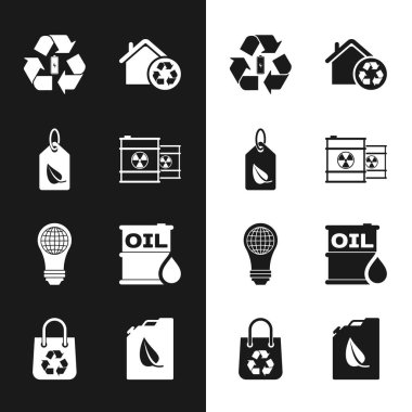 Set Radioactive waste in barrel, Tag with leaf, Battery recycle, Eco House recycling, Light bulb world globe, Oil, Bio fuel canister and Shopping bag icon. Vector