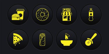 Set Slice of pizza, Bottle water, Burrito, Nachos in plate, Pizzeria building facade, Donut, Pizza knife and Coffee and burger icon. Vector