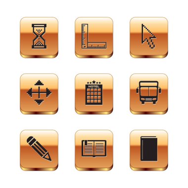 Set Hourglass pixel, Pencil, Open book, Hotel building, Pixel arrows four directions, cursor, Book and Folding ruler icon. Vector