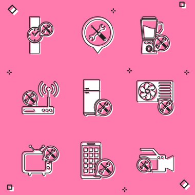 Set Wrist watch service, Location, Blender, Router wi-fi, Refrigerator, Air conditioner, Tv and Mobile Apps icon. Vector