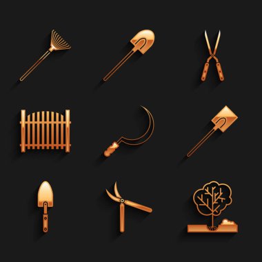 Set Sickle, Gardening handmade scissor, Planting tree the ground, shovel, trowel spade, fence, and rake for leaves icon. Vector