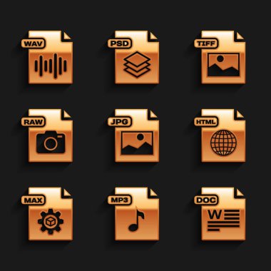 Set JPG file document, MP3, DOC, HTML, MAX, RAW, TIFF and WAV icon. Vector