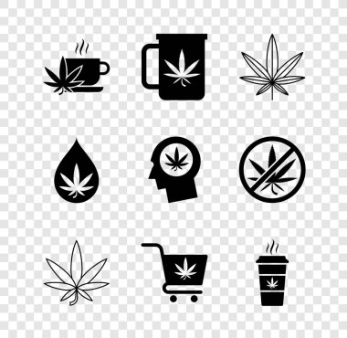 Set Cup tea with marijuana, Marijuana or cannabis leaf, Shopping cart, coffee, oil and Head profile icon. Vector