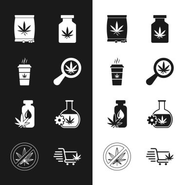 Set Magnifying glass and marijuana, Cup coffee with, Marijuana or cannabis seeds, Medical bottle, leaf oil, Test tube, Shopping cart and Stop icon. Vector