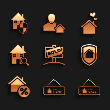 Set Hanging sign with Sold, For Rent, Sale, House under protection, percant, Search house, heart shape and icon. Vector