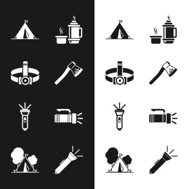Set Wooden axe, Head flashlight, Tourist tent with flag, Thermos container, Flashlight, and icon. Vector
