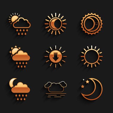 Set Sunset, Cloud, Moon and stars, with rain moon, sun, Eclipse of the and icon. Vector