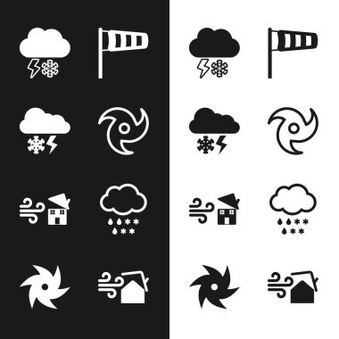 Set Tornado, Cloud with snow and lightning, Cone meteorology windsock wind vane, swirl, rain, and icon. Vector