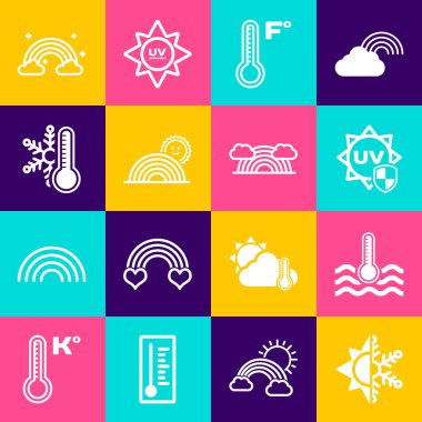 Set Sun and snowflake, Water thermometer, UV protection, Meteorology, Rainbow with sun, Thermometer, clouds and icon. Vector