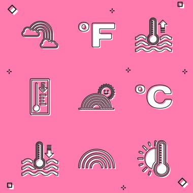 Set Rainbow with clouds, Fahrenheit, Water thermometer, Meteorology, sun, Celsius, and icon. Vector